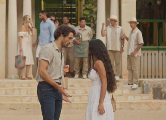 Artur (Túlio Starling) e Quinta (Larissa Bocchino) em No Rancho Fundo