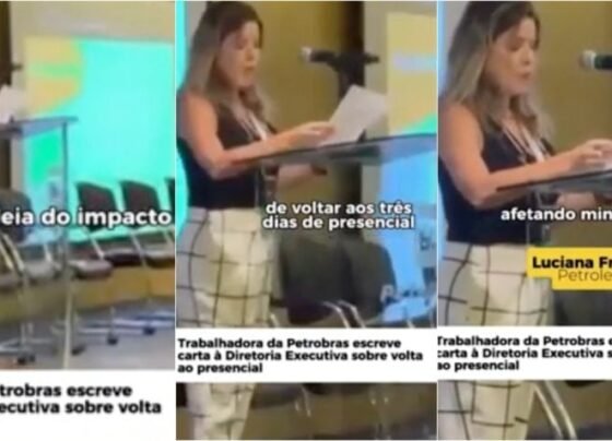Nas imagens acima, funcionária da Petrobras lê carta com críticas à ideia de 3 dias de trabalho presencial por semana