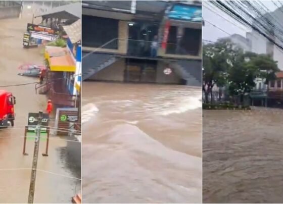 Imagens que circulam nas redes sociais mostram ruas de Petrópolis (RJ) tomadas pela água